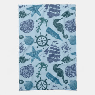 Nautical Shades Of Blue Pattern Tea Towel