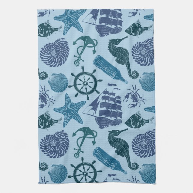 Nautical Shades Of Blue Pattern Tea Towel (Vertical)