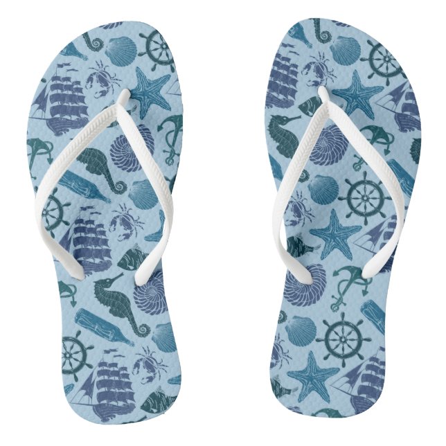 Nautical Shades Of Blue Pattern Thongs (Footbed)