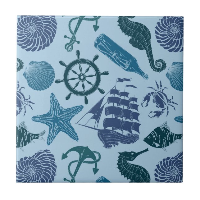 Nautical Shades Of Blue Pattern Tile (Front)