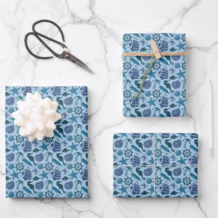 Nautical Shades Of Blue Pattern Wrapping Paper Sheet