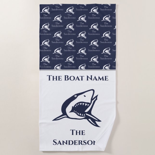 Nautical Shark Navy Blue Boat n Family Name  Beach Towel (Front)