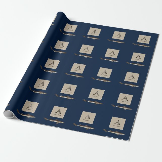 Nautical Sharks Navy Blue Sand Tan Wrapping Paper (Unrolled)