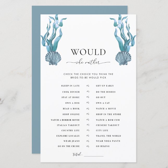 Nautical Shell Bridal Shower Would She Rather Game (Front/Back)