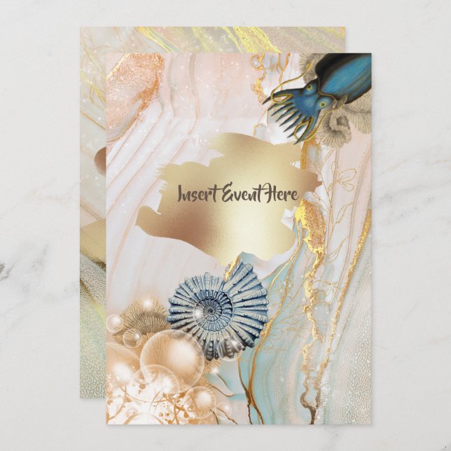 Nautical shell octopus marble gold watercolor invitation (Front/Back)