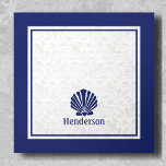 Nautical Shell on Navy Foam Core Photo Tile<br><div class="desc">Add an upscale touch to your coastal decor style bath or kitchen with this decoratie foam core photo tile printed with a colour palette of navy blue, light grey and cream. Subtle damask pattern with navy contrasts is accented with cream colour shells. Can be optionally personalised with your name text....</div>