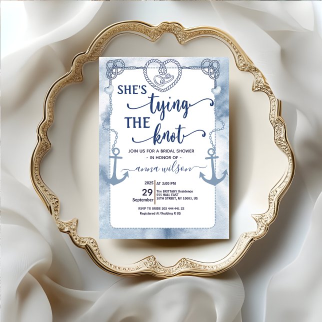 Nautical She's Tying the Knot Bridal Shower  Invitation (Nautical She's Tying the Knot Bridal Shower Invitation template beach theme heart rope marine theme)