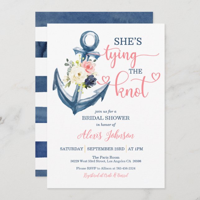 Nautical She's Tying the Knot Bridal Shower (Pink) Invitation (Front/Back)