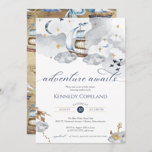 Nautical Ship Adventure Awaits Dreamy Baby Shower  Invitation (Front/Back)