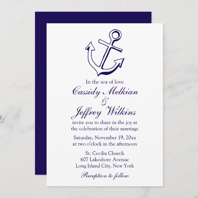 Nautical Ship Anchor Navy Blue Wedding Sailor Invitation (Front/Back)