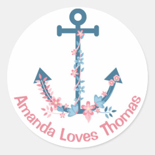Nautical Ship Anchor Pink Blue Personalised Classic Round Sticker