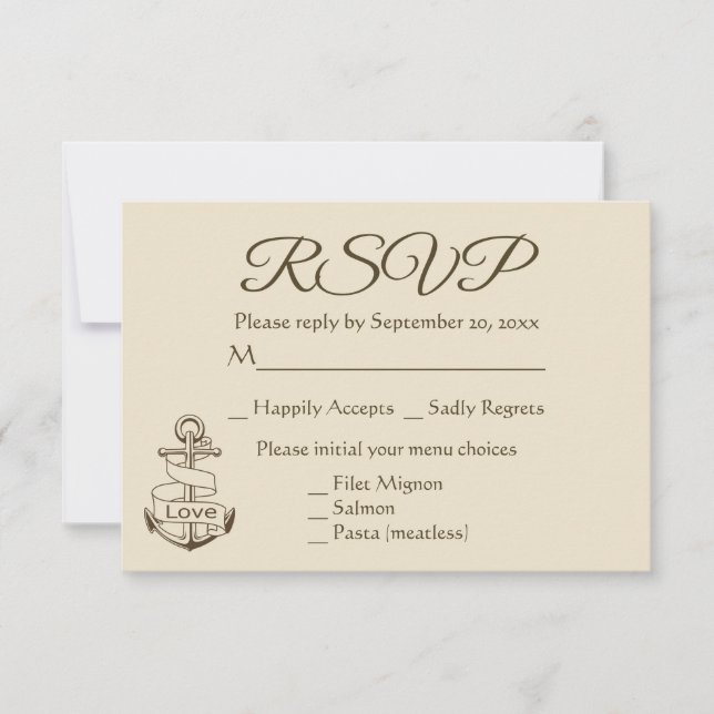 Nautical Ship Anchor Tan RSVP Brown Wedding Party Card (Front)