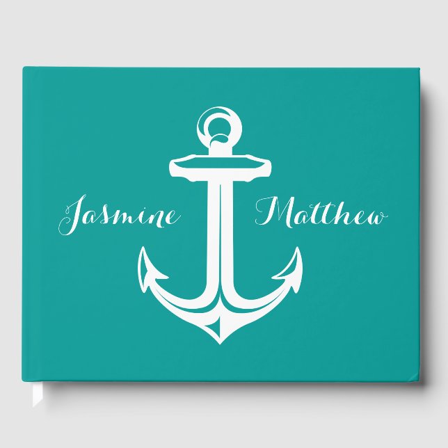 Nautical Ship Anchor Teal Wedding, Bridal Shower Guest Book (Front)