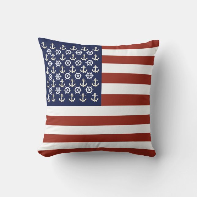 Nautical ship anchor/wheel/American flag stripe  Cushion (Front)