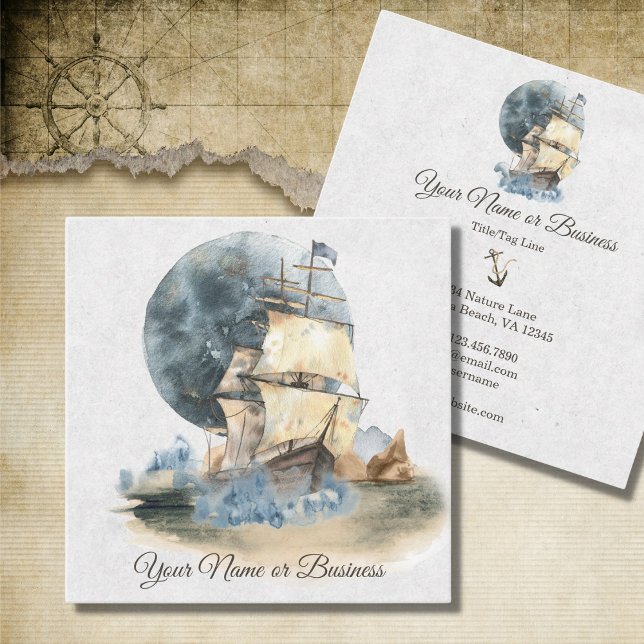 Nautical Ship and Full Moon Sailing Square Business Card (Creator Uploaded)