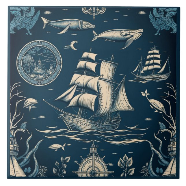 Nautical Ship and Ocean Themed ceramic art No3 Ceramic Tile (Front)