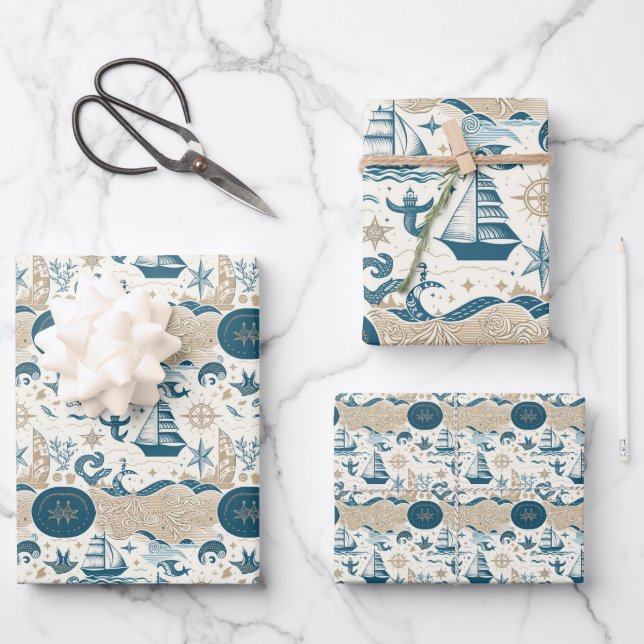 Nautical Ship and Ocean Themed pattern No15 Wrapping Paper Sheet (Front)