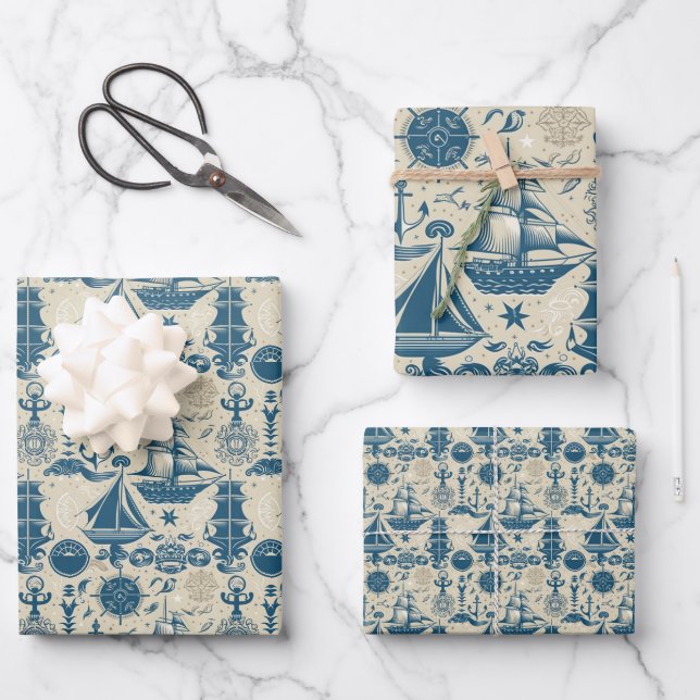 Nautical Ship and Ocean Themed pattern No16 Wrapping Paper Sheet (Front)