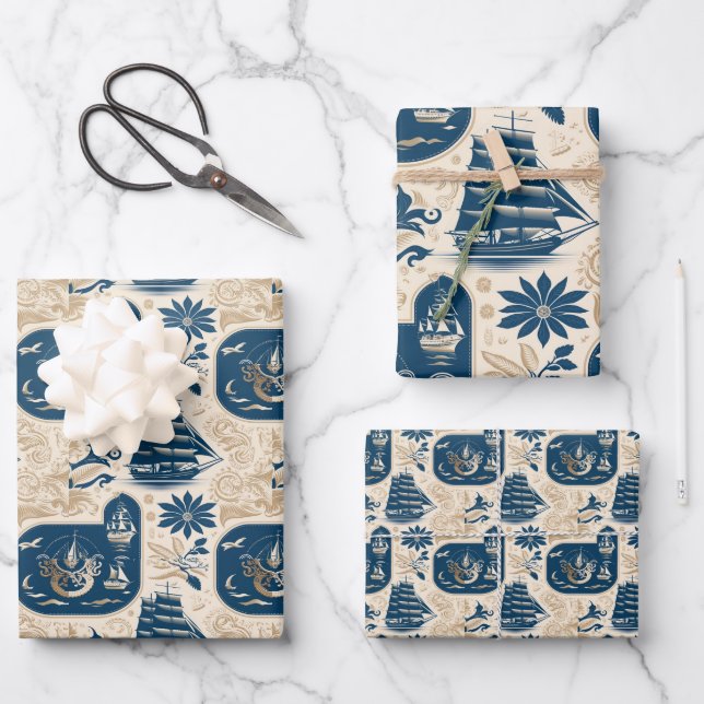 Nautical Ship and Ocean Themed pattern No19 Wrapping Paper Sheet (Front)