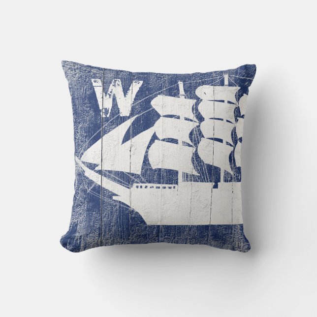 Nautical Ship Blue Beach Wood Monogrammed Cushion (Front)