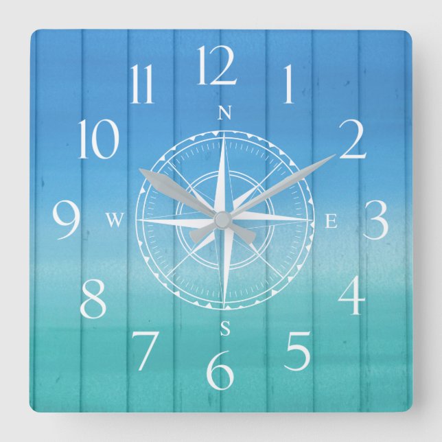 Nautical Ship Compass Blue Wood Texture Square Wall Clock (Front)