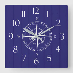 Nautical Ship Compass Navy Blue White Wood Square Wall Clock
