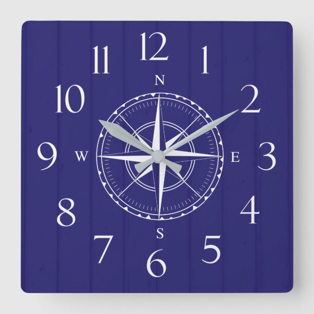 Nautical Ship Compass Navy Blue White Wood Square Wall Clock (Front)