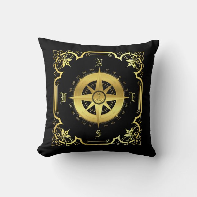Nautical ship compass silhouette/gold/black cushion (Front)
