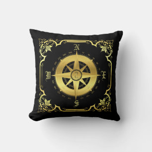 Nautical ship compass silhouette/gold/black square cushion