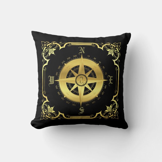 Nautical ship compass silhouette/gold/black square cushion (Front)