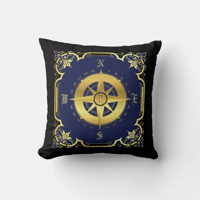 Nautical ship compass silhouette/gold/navy/blk cushion (Front)