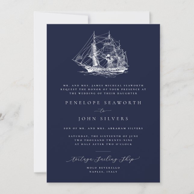 Nautical Ship Illustration Navy Formal Wedding Invitation (Front)