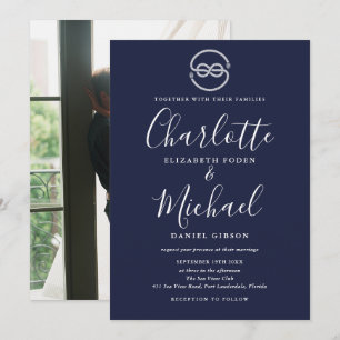 Nautical Ship Knot Navy Blue Script Photo Wedding Invitation
