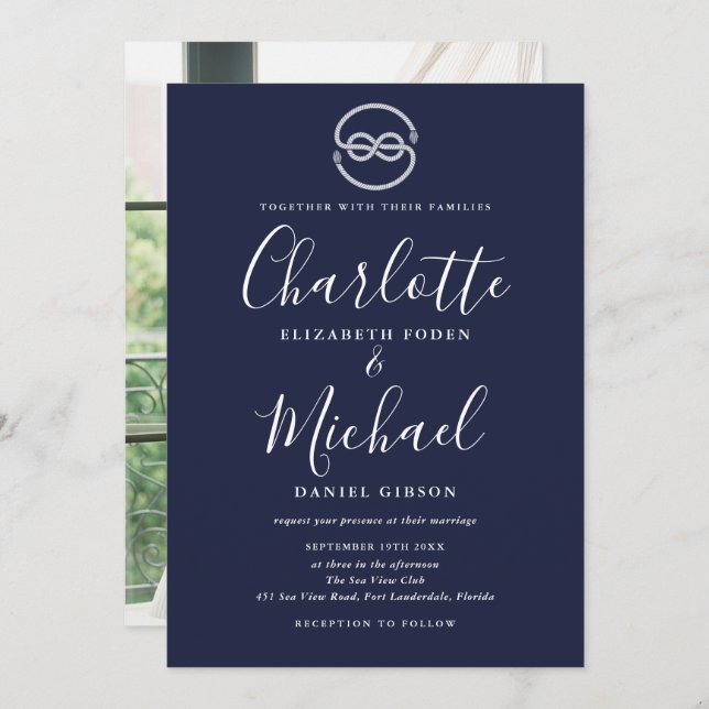 Nautical Ship Knot Navy Blue Script Photo Wedding Invitation (Front/Back)