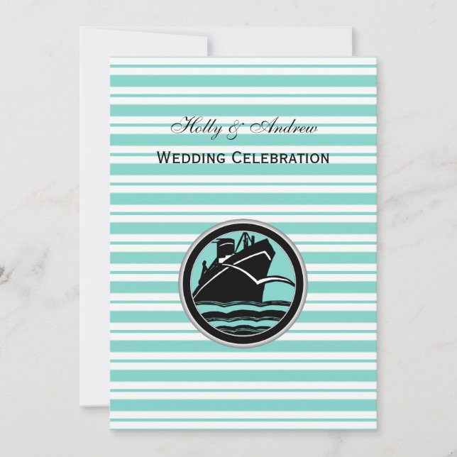 Nautical Ship Lt Blue White Stripe #2 V Wedding Invitation (Front)