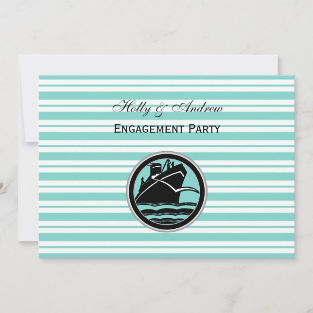 Nautical Ship Lt Blue White Stripe H Engagement Invitation (Front)