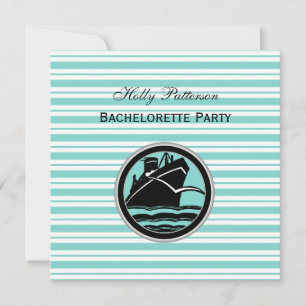 Nautical Ship Lt Blue White Stripe SQ Bachelorette Invitation
