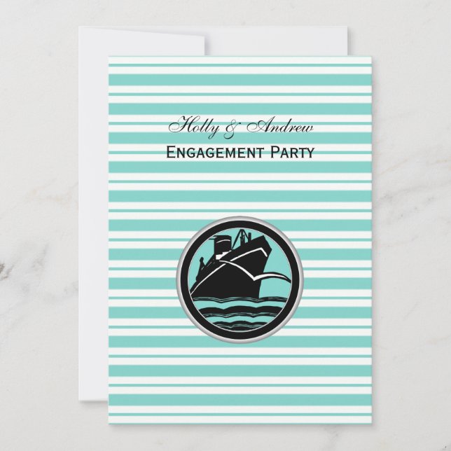 Nautical Ship Lt Blue White Stripe V Engagement Invitation (Front)