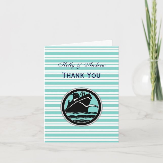Nautical Ship Lt Blue White Stripe V Thank You Card (Front)