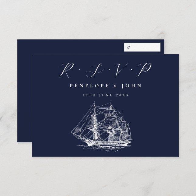 Nautical Ship Navy Blue Destination Wedding RSVP Card (Front/Back)