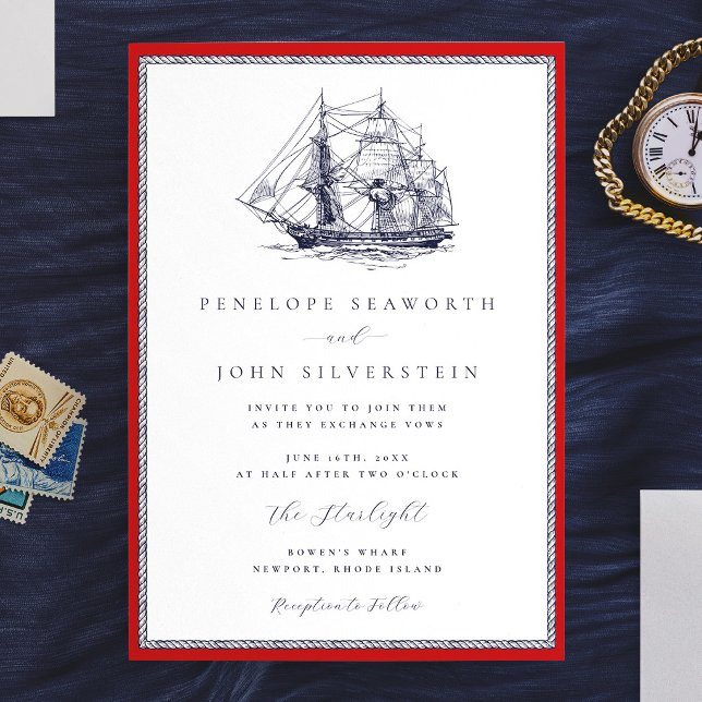 Nautical Ship Red Rope Frame Classic Wedding Invitation (Nautical Ship Red Rope Frame Classic Wedding Invitation)