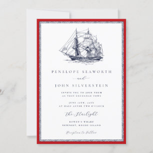 Nautical Ship Red Rope Frame Classic Wedding Invitation