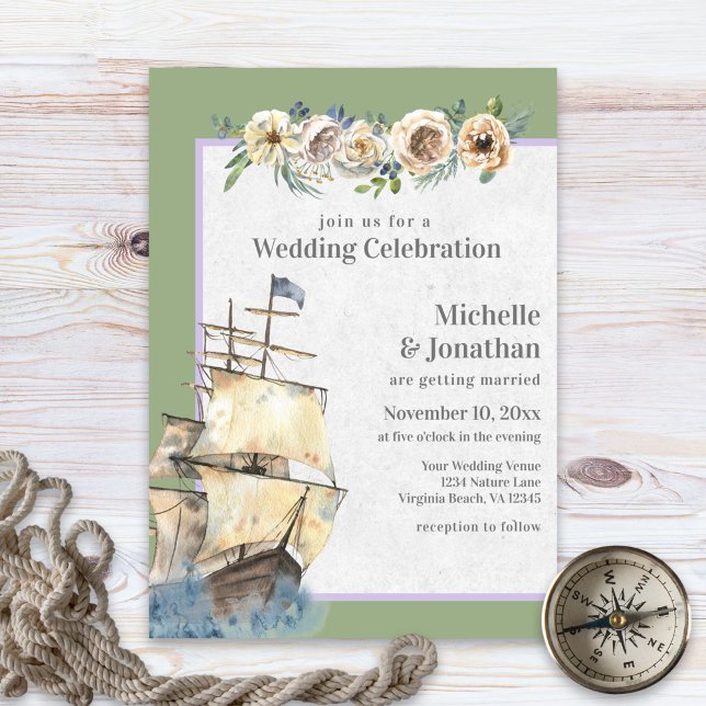 Nautical Ship - Sage and Lavender Floral Wedding Invitation (Creator Uploaded)