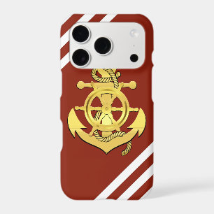 Nautical ship wheel/anchor brick-red stripe/gold