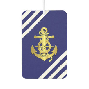 Nautical ship wheel/anchor navy-blue stripe/gold car air freshener