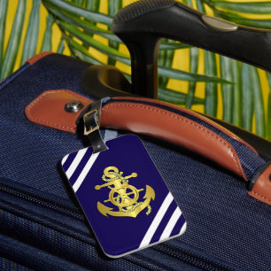 Nautical ship wheel/anchor navy-blue stripe/gold  luggage tag