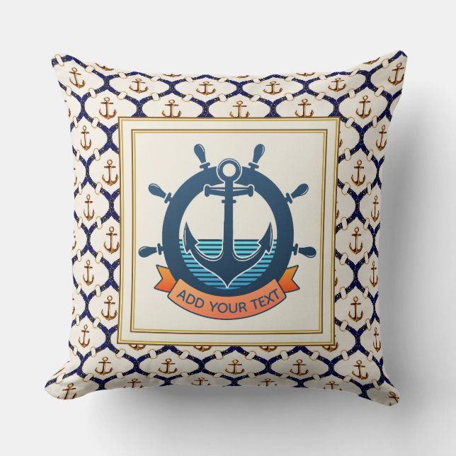 Nautical Ship Wheel and Navy Blue Anchor Pattern Cushion (Front)
