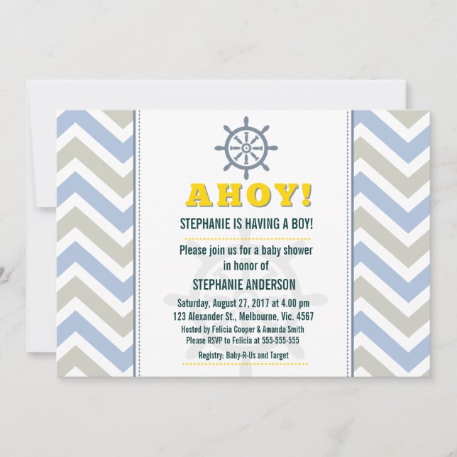Nautical ship wheel baby boy shower invitation (Front)