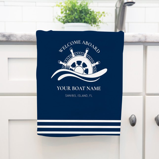 Nautical Ship Wheel Boat Name Navy Blue  Tea Towel (Creator Uploaded)
