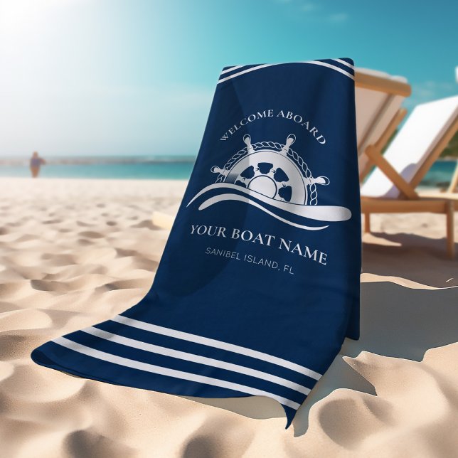 Nautical Ship Wheel Boat Name Welcome Aboard Navy Beach Towel (Creator Uploaded)